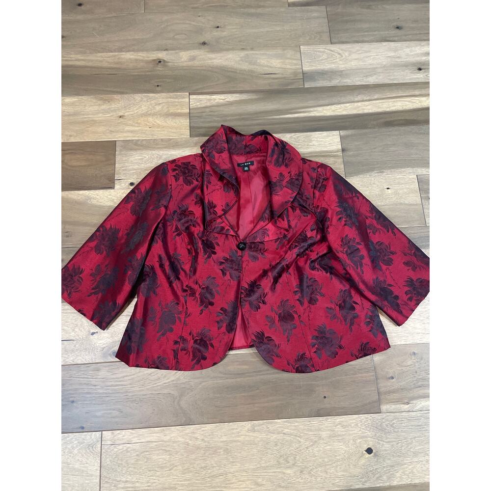 Le Bos Suit Set Size 24W Red Black Floral Blazer and Dress Matte Satin Lined - Picture 8 of 13